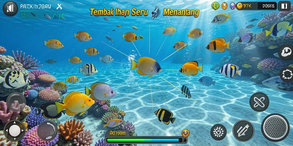 Screenshot utama menunjukkan pengalaman menembak ikan yang seru.