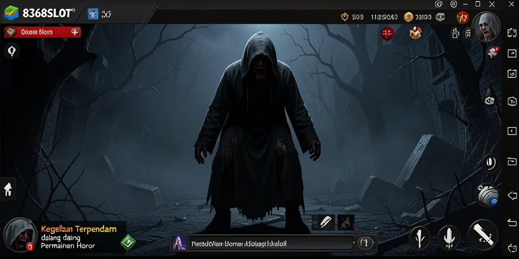 Tampilan gameplay mencekam dari 8368SLOT yang menggambarkan kegelapan dan ketegangan.