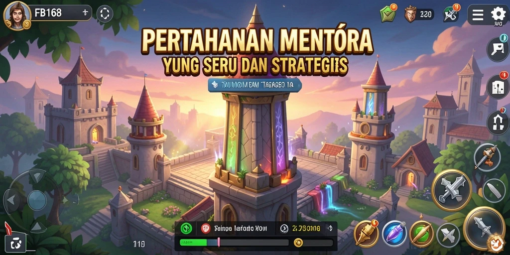 Tampilan gameplay FB168 menampilkan menara yang berjuang melawan gelombang musuh.