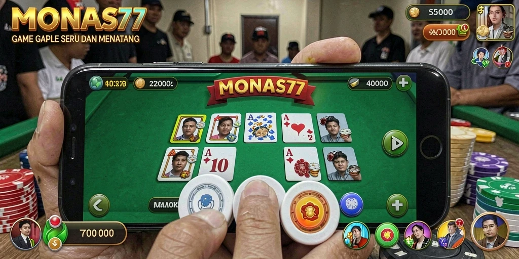 Screenshot game MONAS77 menunjukkan gameplay Gaple yang seru dan interaktif.