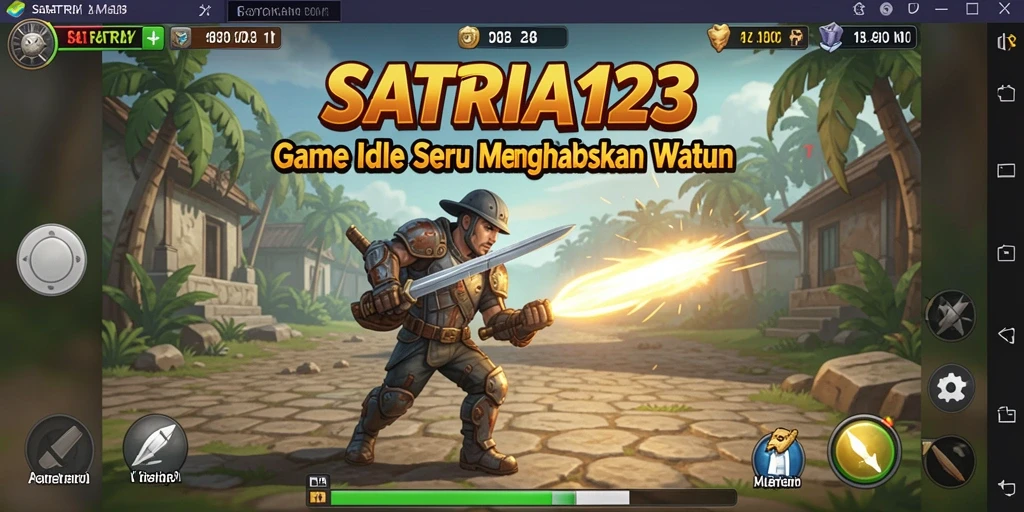 Tampilan utama gameplay SATRIA123 menunjukkan karakter bertarung dan mengumpulkan sumber daya.