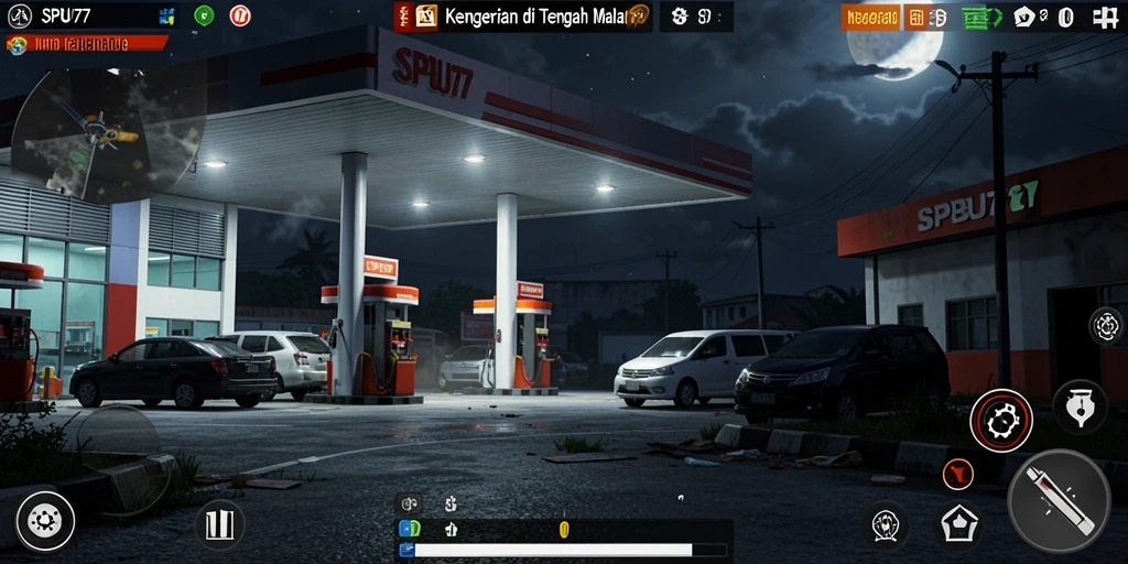Screenshot gameplay SPBU77 yang menunjukkan suasana horor yang mencekam.