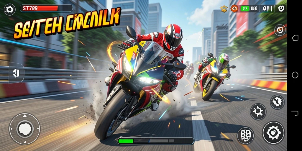 Tampilan gameplay balapan motor dalam ST789 yang intens dan menarik.